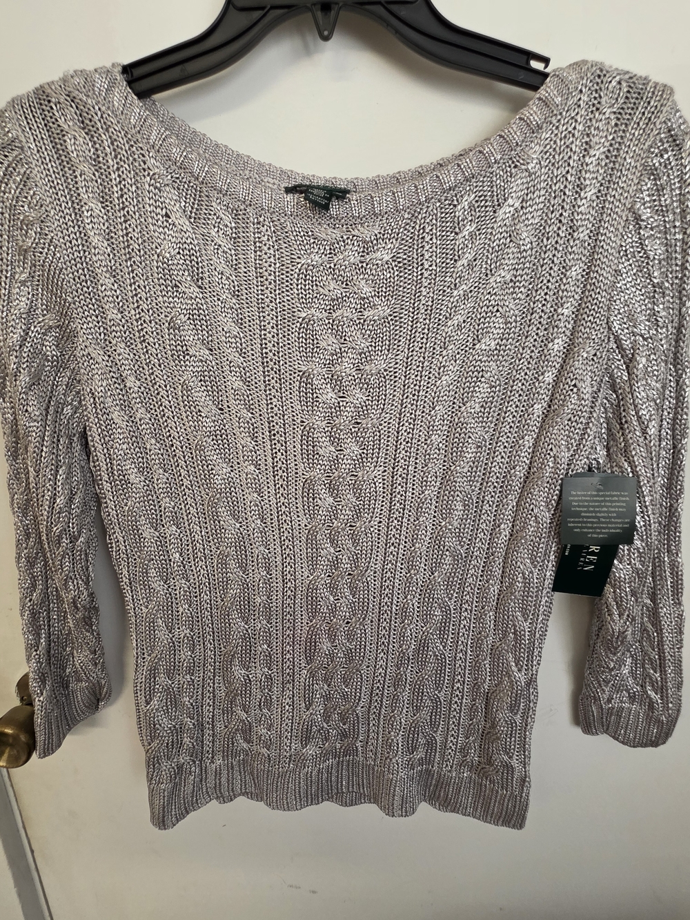 Ralph Lauren Metallic Cable-Knit Crewneck Sweater in Silver